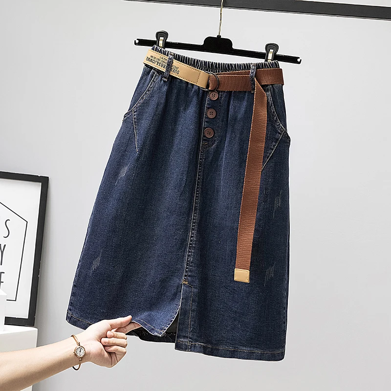 Women Denim Skirts Large Size Elastic Waist Mid Length Jean Skirt Spring Summer Solid Color Office Lady Faldas