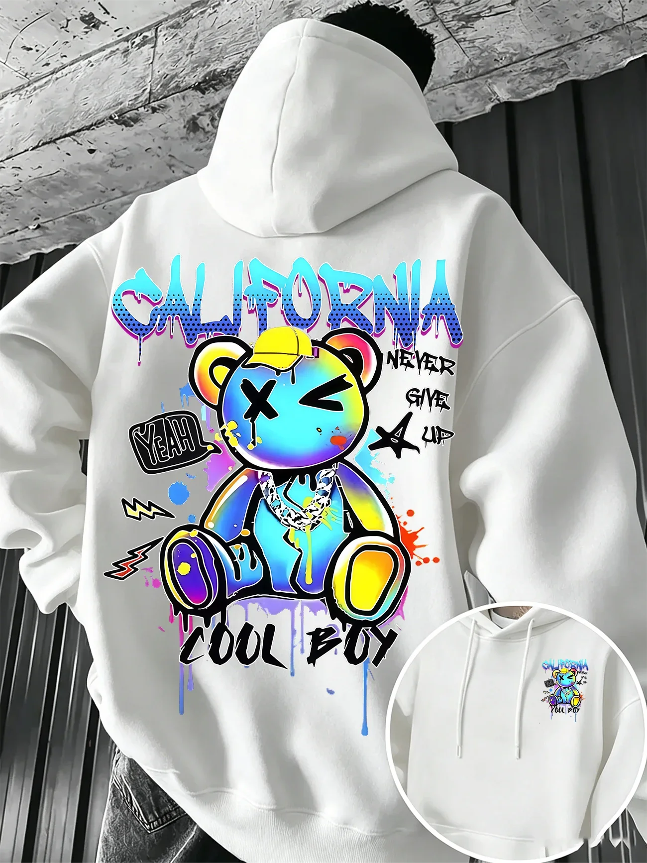 Colorful Gradient X Eyes Bear Print Hoodie Unisex Loose Long Sleeve Hooded Pullover Hip Hop Street Art Dripping Paint Sweatshirt