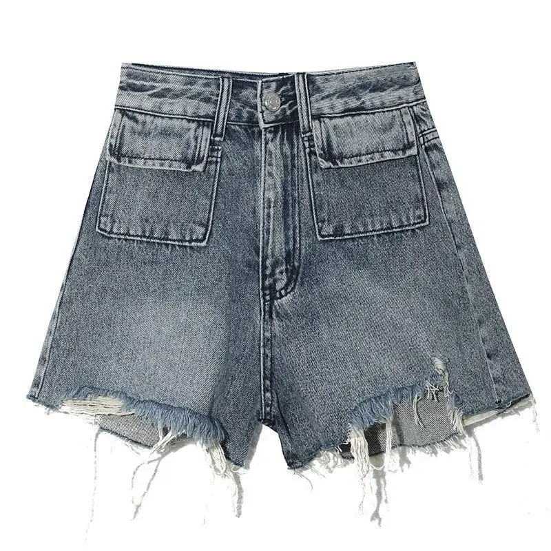 

брюки женские Женские джинсы Брюки с высокой талией Свободные широкие короткие джинсы А-силуэта Модные летние практичные джинсовые шорты с карманами и начесом по подолу для похудения