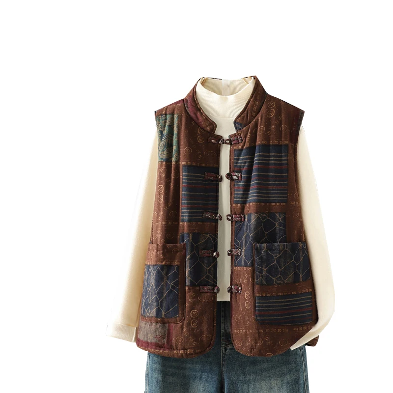 Thiened Cotton Linen Vest Chinese Sle Floral Print Button up Warm Outerwear for Autumn And Winter Commute