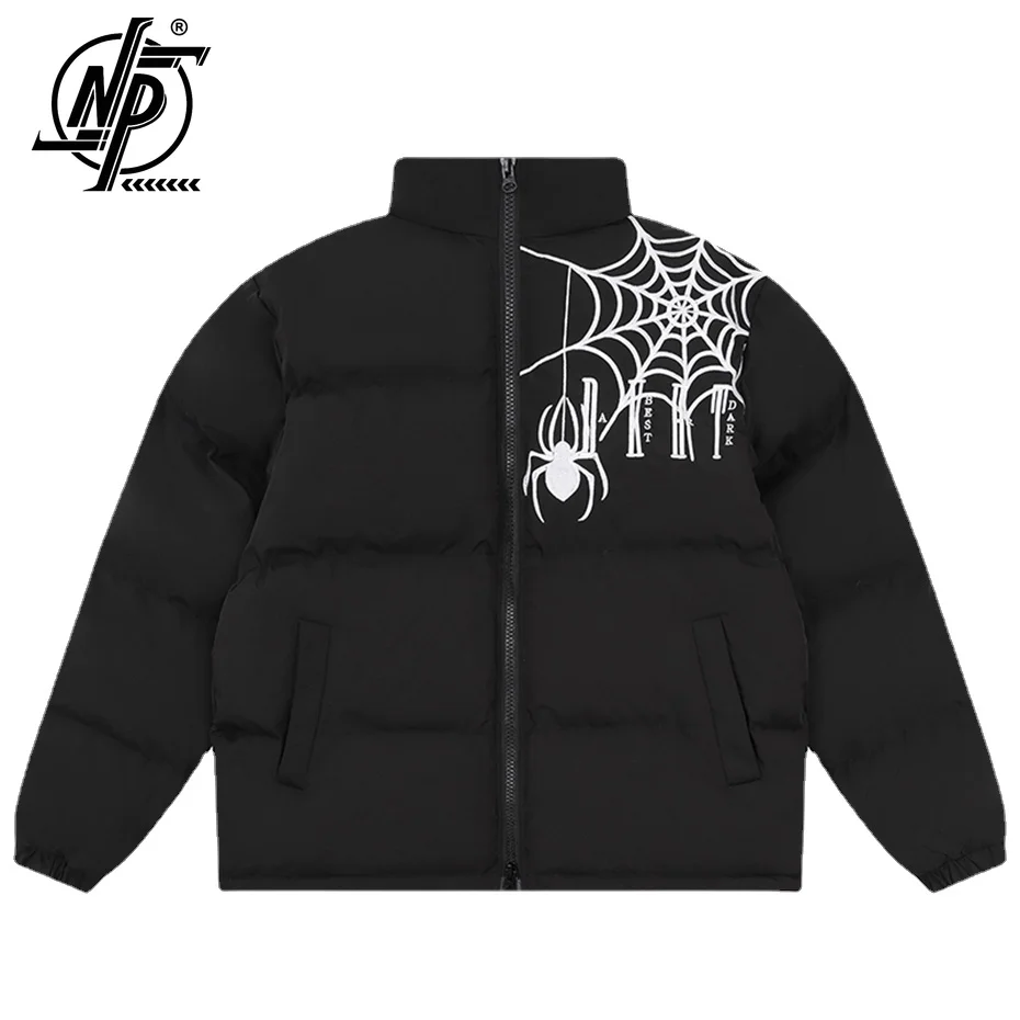 

Winter Jackets Men Spider Web Embroidery Parkas Padded Coat Harajuku Hip Hop Streetwear Puffer Jacket Loose Outwear for Male