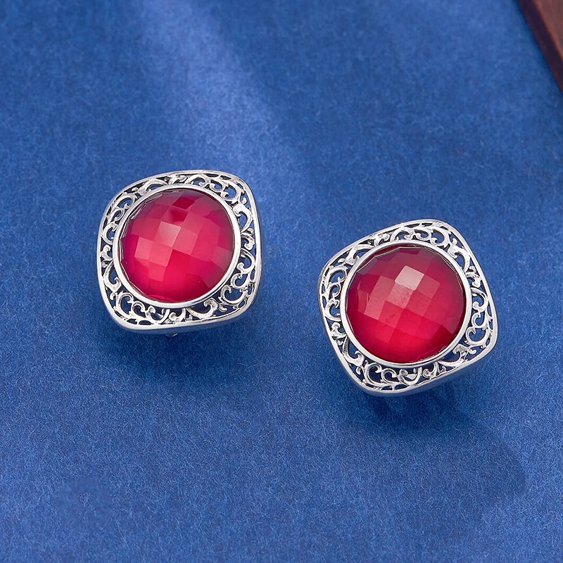 S925 Sterling Silver Charms Studs Earrings for Women Palace Style Hollow Eternal Rattan Red Corundum Ear Studs Fashion Jewelry