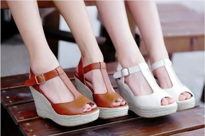 30-43 Summer Women Open Toe Shoes Princess T Strap Buckle Wedge High Heel Sandals Size 30 31 32 33 To 41 42 43