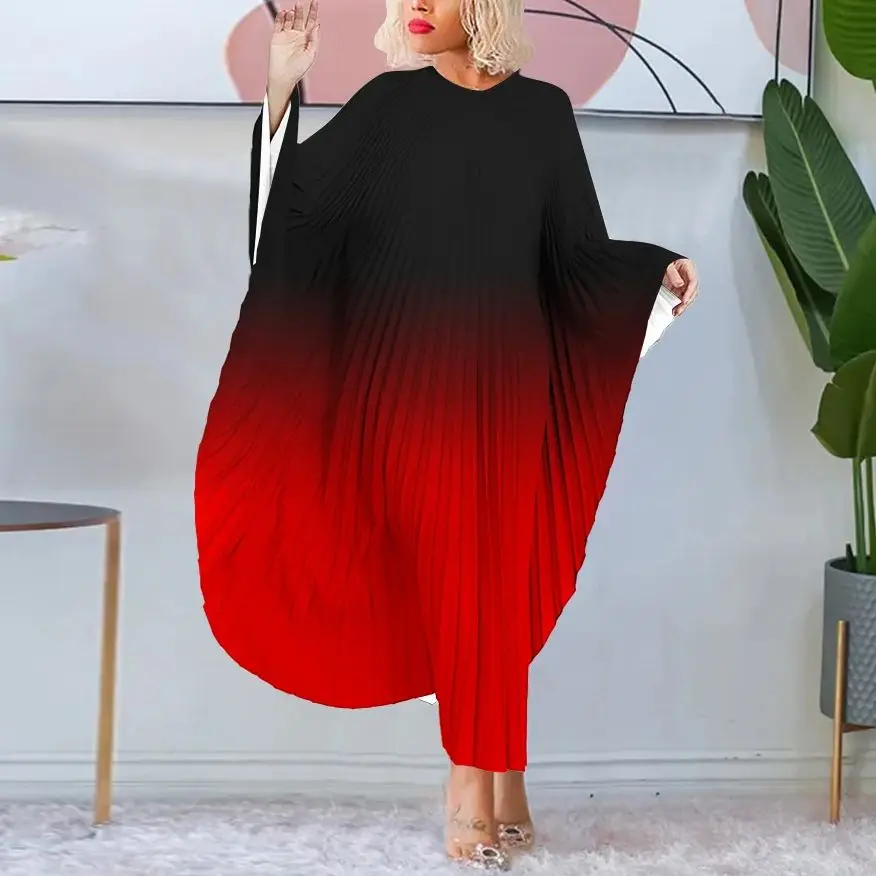 Plus Size Tie Dye Loose Elegant Dress Female Batwing Pleated Prom Women Long Robe 2023 Autumn Fashion Large Size One Piece Dress