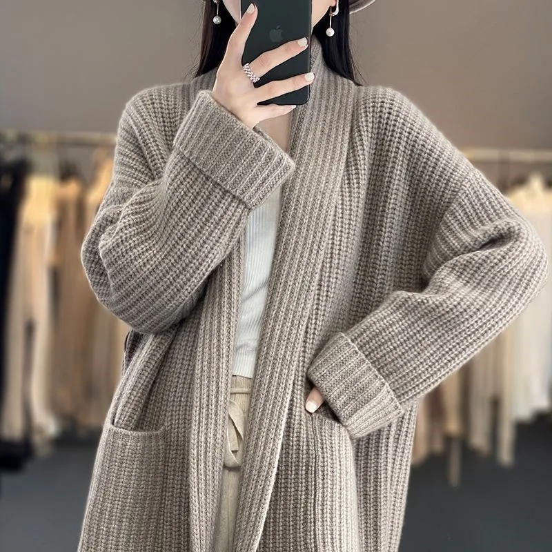 Autumn Winter Thick Solid Color V-neck Sweater Jacket for Female Elegant Korean Lazy Style Warm Mid Length Knitted Cardigan New