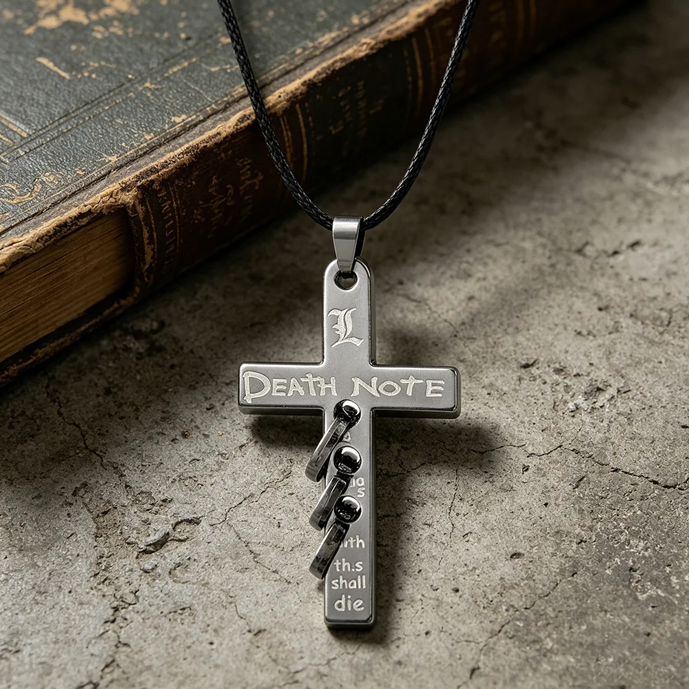 Collar con Colgante de Cruz de L Lawliet de Death Note - Joyería de Cosplay de Anime con Frases Grabadas, Acabado en Metal Negro