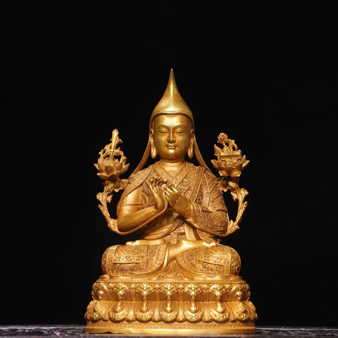 Tsongkhapa Guru Statue Tibetan Vajrayana Pure Brass Gold Gilded Antique Home Temple Decor