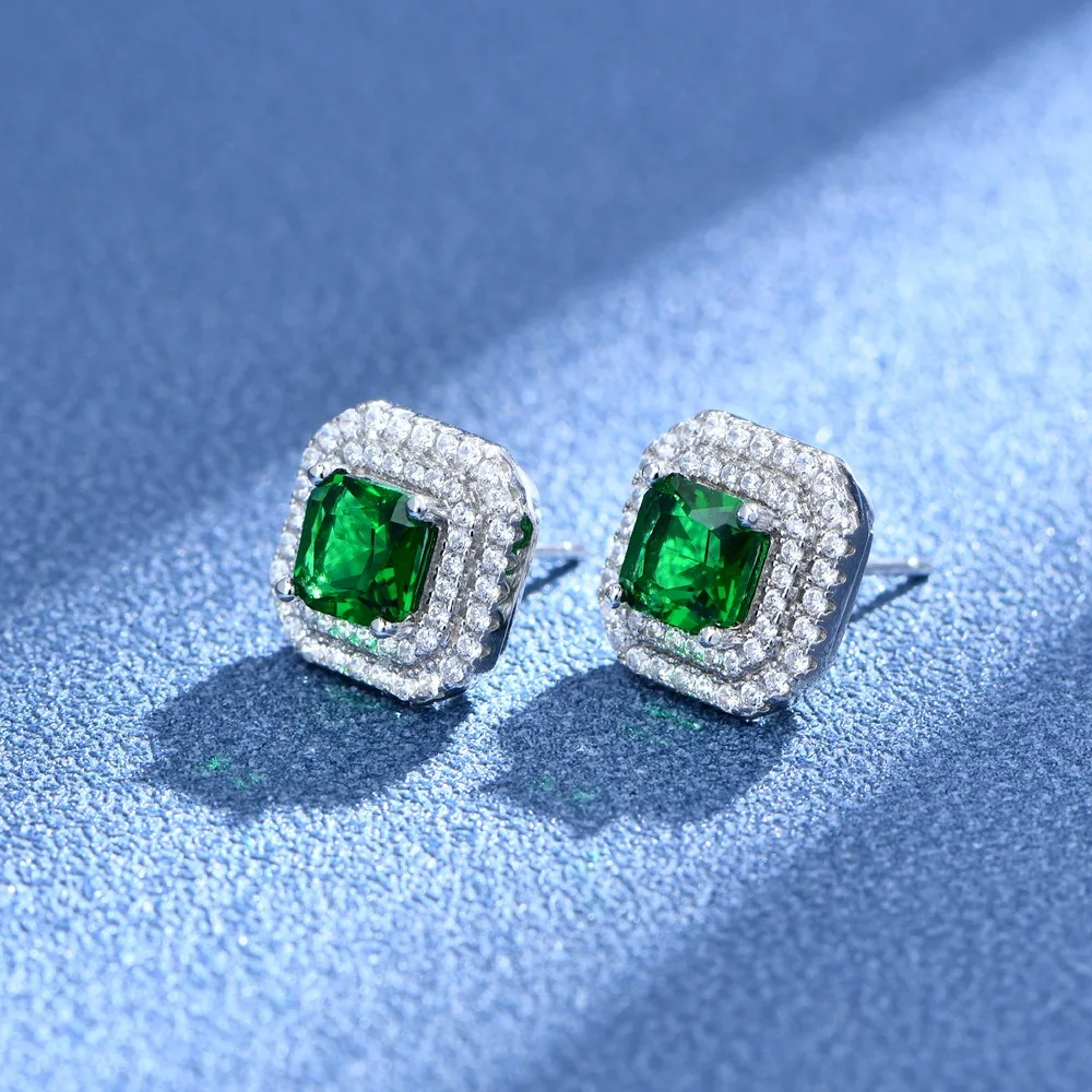 Sunite 2.0ct Emerald Square Stud Earrings for Women Lab Emerald Wedding Jewelry Engagement Gift Forever Love Fine Jewelry