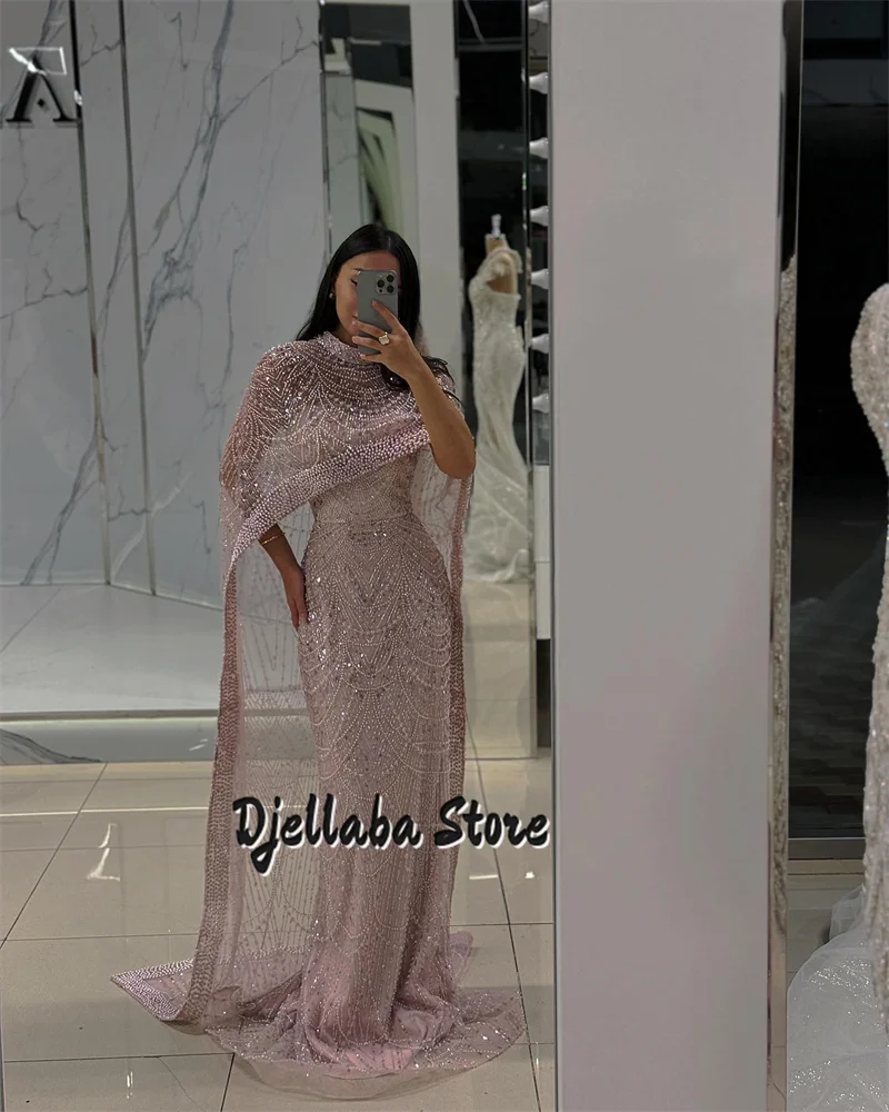 

Luxury Saudi Arabia Black Beaded Lace Evening Dresses 2005 With Cape Crystal Prom Dresses Dubai Wedding Party Dress Customized
