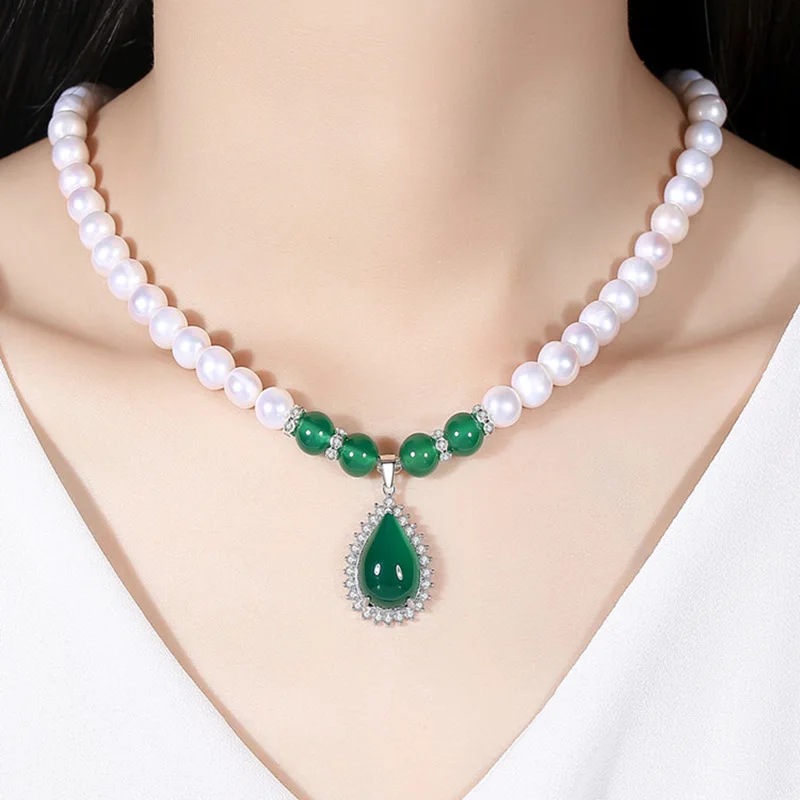 Exquisite luxury freshwater pearl women's necklace 925 sterling silver inlaid with natural chalcedony pendant jewelry set gift