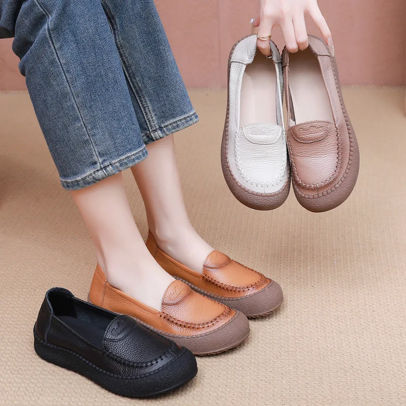 Новые осенние лоферы из натуральной кожи, повседневные удобные туфли на плоской подошве, дышащая обувь без шнуровки для мам, женские мягкие туфли на плоской подошве