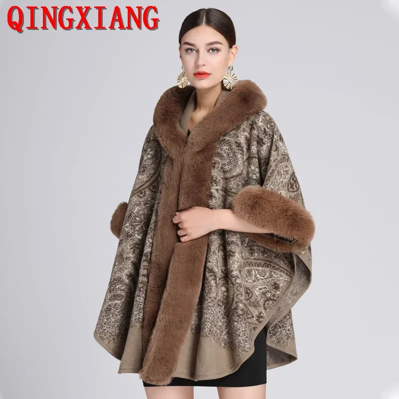 6 Colors Khaki Long Faux Rabbit Fur Collar Hat Cloak Women Party Overcoat Winter Thick Cape Loose Printed Streetwear Coat