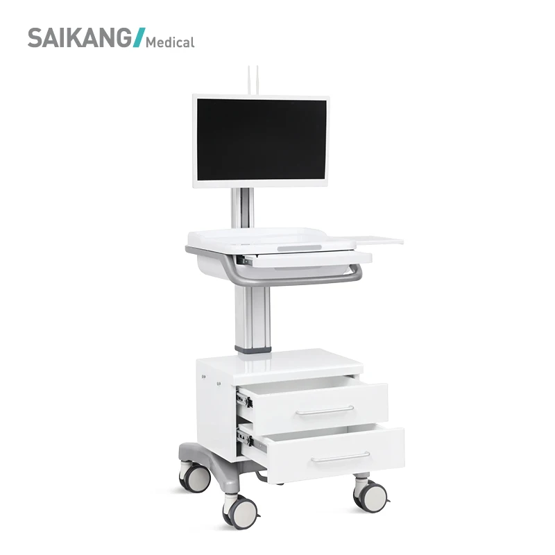 SKR-R02 SAIKANG ABS Plastic Mobile Workstation Computer Trolley Hospital  Computer Cart With Drawer