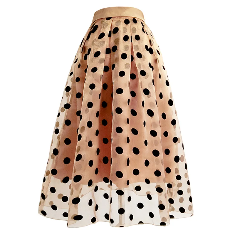 

High Waist Flocked Dot Flare Skirt Champagne Puff Organza Half Body Commuter A-Line Skirt