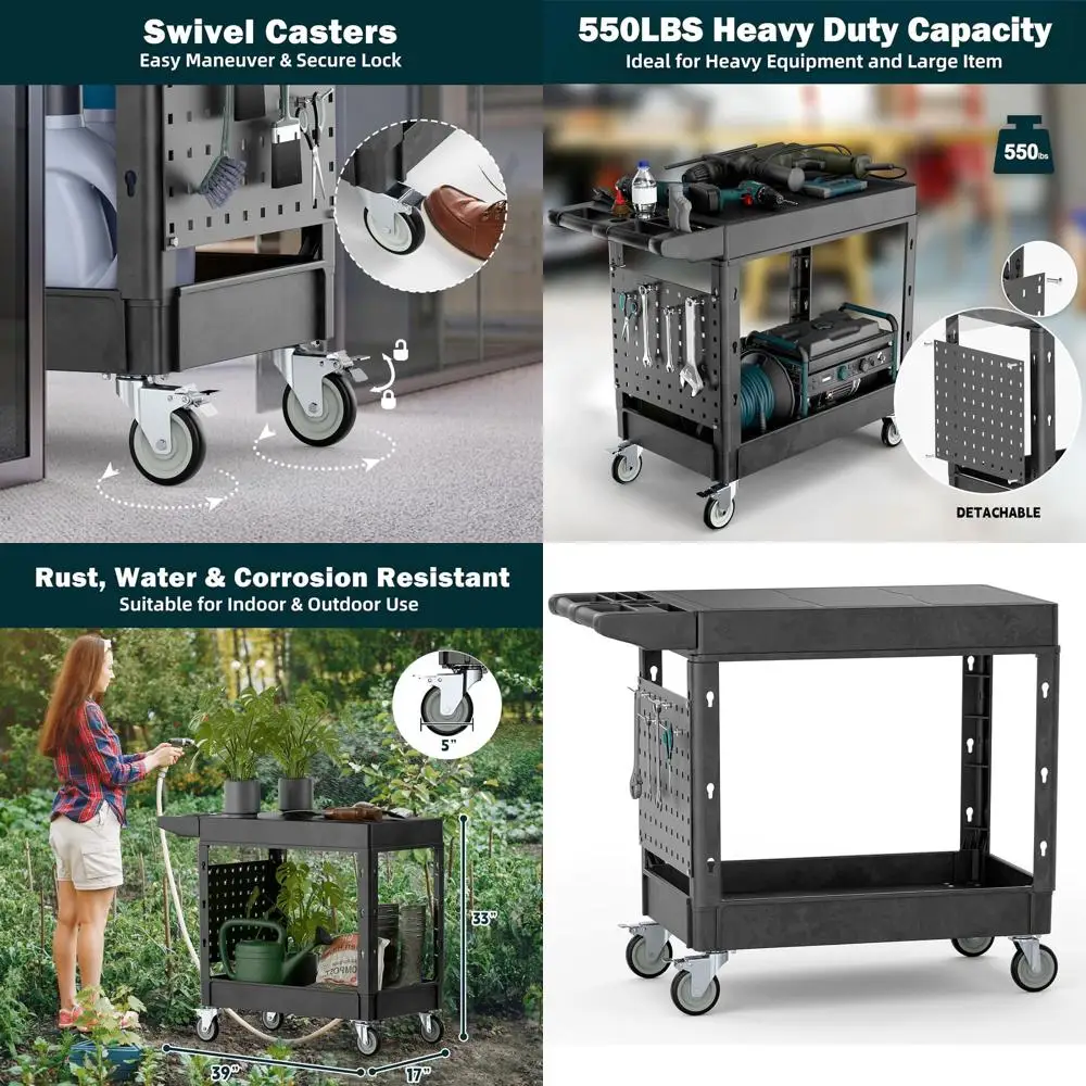 Sturdy 2-Tier Utility Cart with Hanging Board, 39x17, 550 lbs Capacity, Swivel Wheels, Ideal for Workshops and Garages