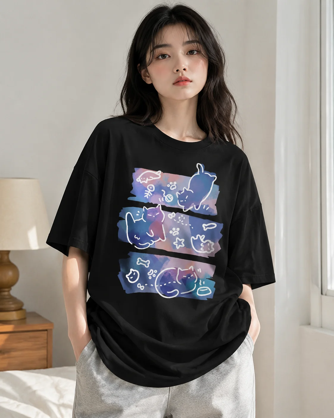 New Cat Pattern Printed Short Sleeved T-shirt for Casual and Fashionable Womens Clothing Summer Pattern T-shirt with Personality