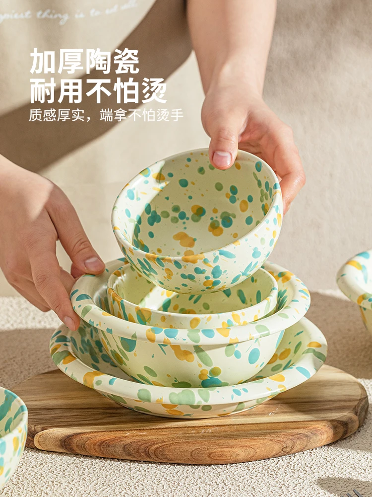 Colorful Splash-ink Ceramic Tableware Dishes Household Dishes Fruit Salad Breakfast Oatmeal Yogurt Bowl.