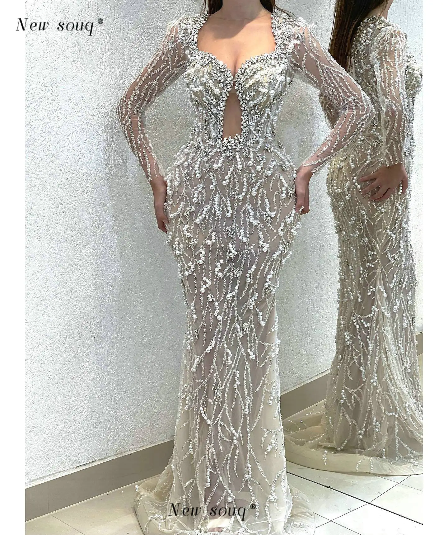 Cristales árabes Perlas Con cuentas Mangas largas Vestidos de noche Ocasiones formales Vestidos elegantes para mujeres Fiesta de bodas por encargo
