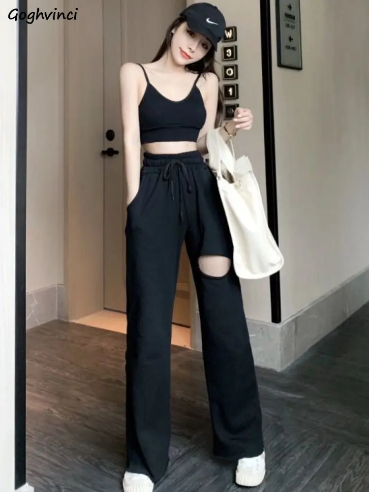 

Pants Women Solid Sporty Trendy Regular Fit Hole Streetwear Comfortable Simple Leisure Ulzzang Elastic Waist Summer All-match