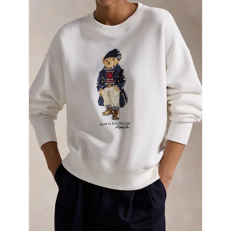 American Retro Crew Neck Sweater Bear Print Spring and Autumn Loose Top Long Sleeve Autumn and Winter Men and Women