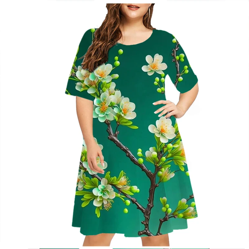 Gradiënt Blauwe Roze Bloemen Print Jurk Vrouwen Elegante Korte Mouw O-hals Party Mini Jurk Losse Plus Size Kleding 6xl Zonnejurk