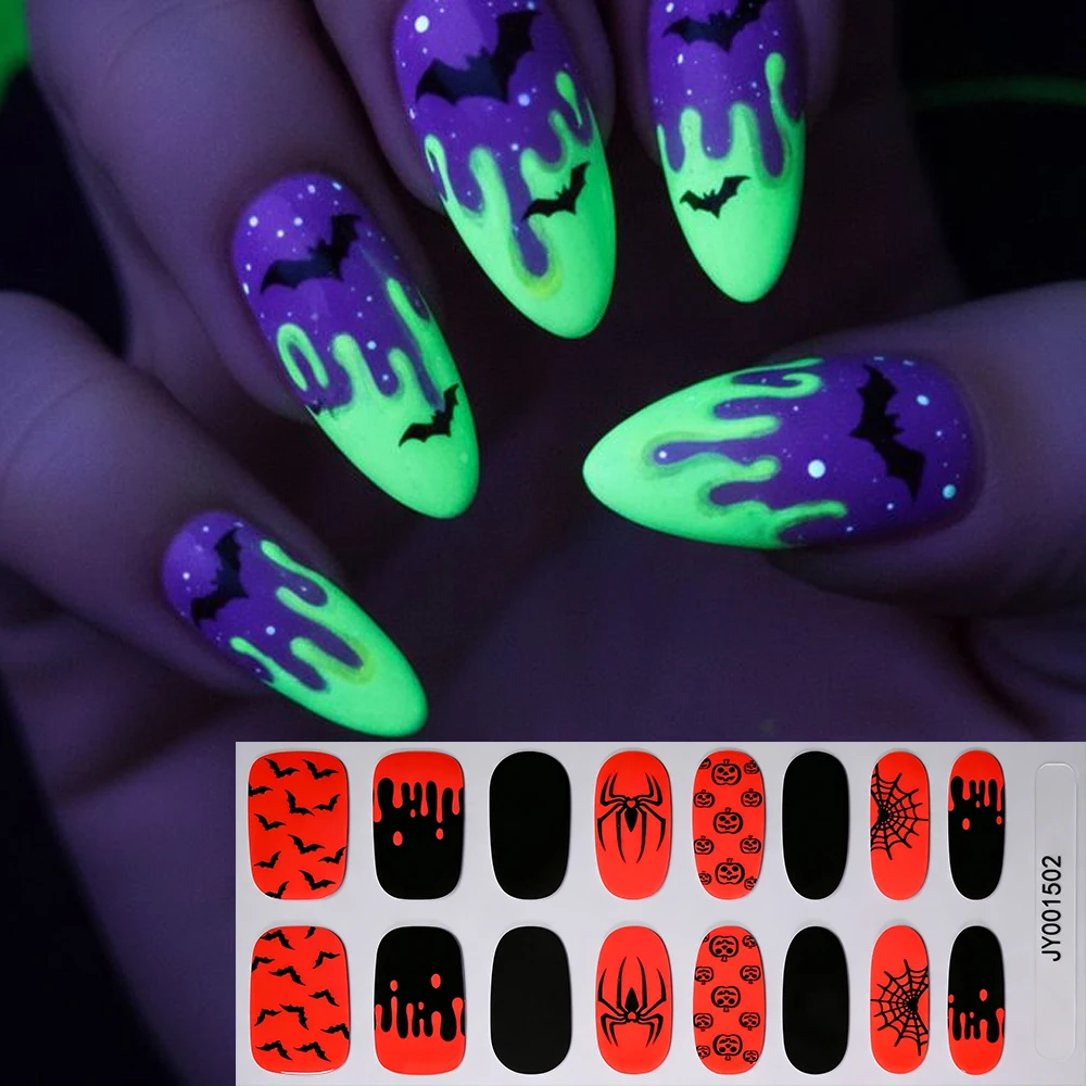16Tips/Sheet Glow In The Dark Pumpkin Halloween Full Nail Wraps Ghost Skeleton Spider Web Bat Full Cover Nail Polish Strips Deca