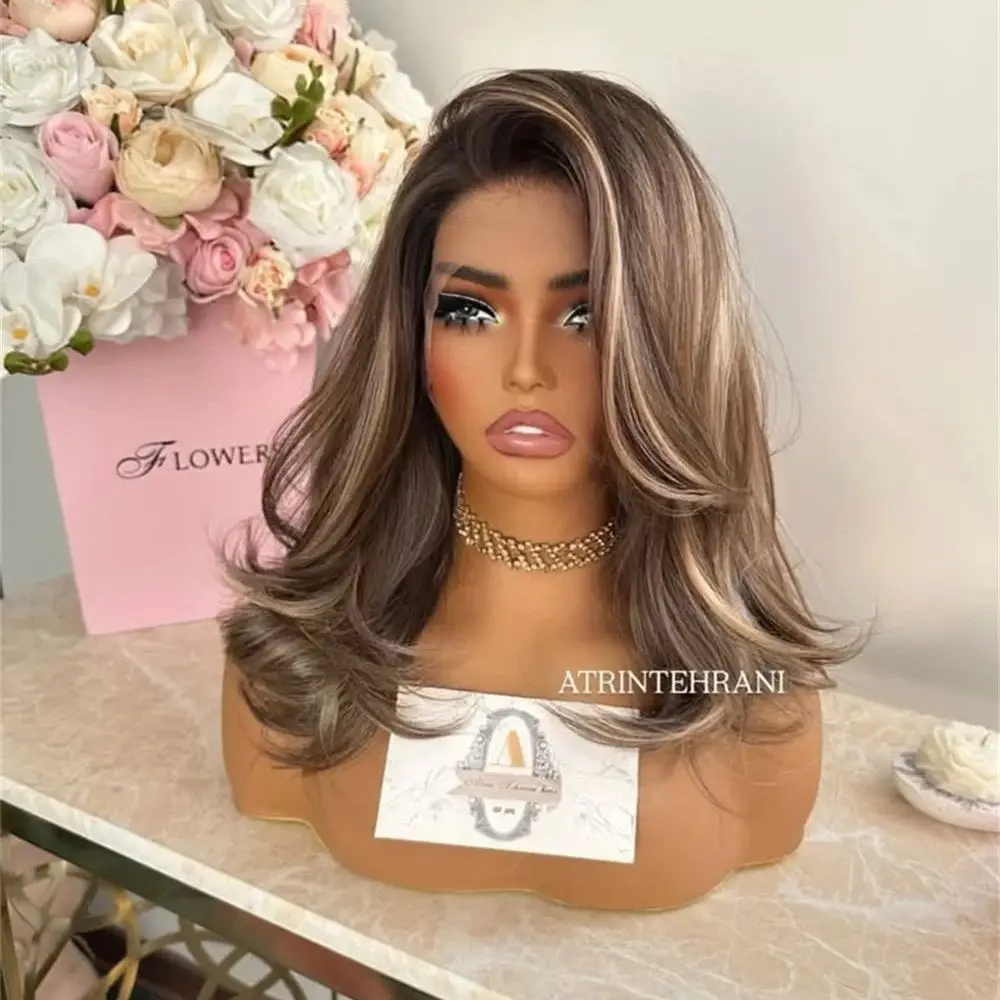 Blonde Brown Highlighted Medium Length Wig Natural Wavy Middle Part Lace Front Wig Synthetic Hair Heat Resistant for Women