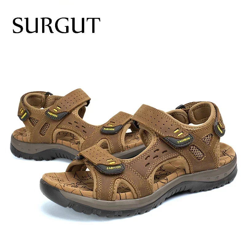 SURGUT Hot Sale New Fashion Summer Leisure Beach Men Shoes High Quality Leather Sandals The Big Yards Men\'s Sandals Size 38-48