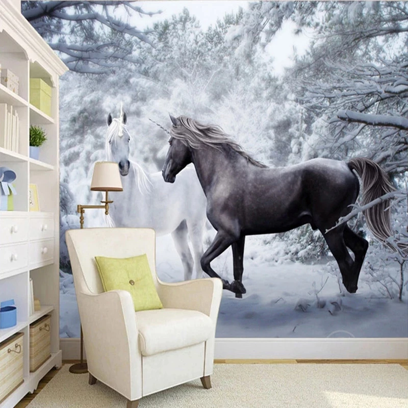 Custom Wallpaper 3D Black White Horse Snow Landscape Photo Mural Living room TV background wall bedroom restaurant wall fabric