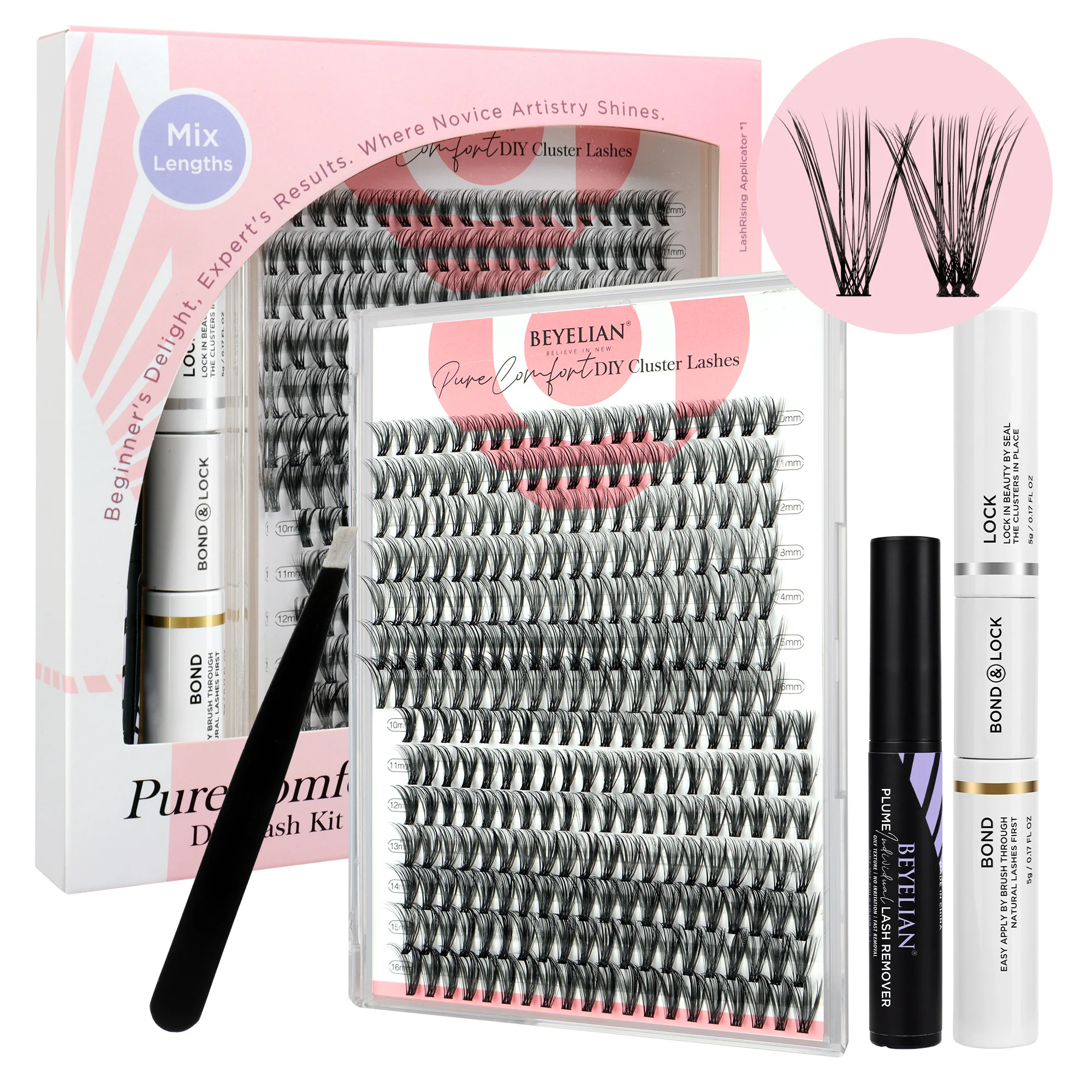 BEYELIAN Lash Extension Kit 168 Pcs/280Pcs Lash Clusters D Curl 10-16mm Lash Clusters Kit with Lash Bond and Seal and Remover