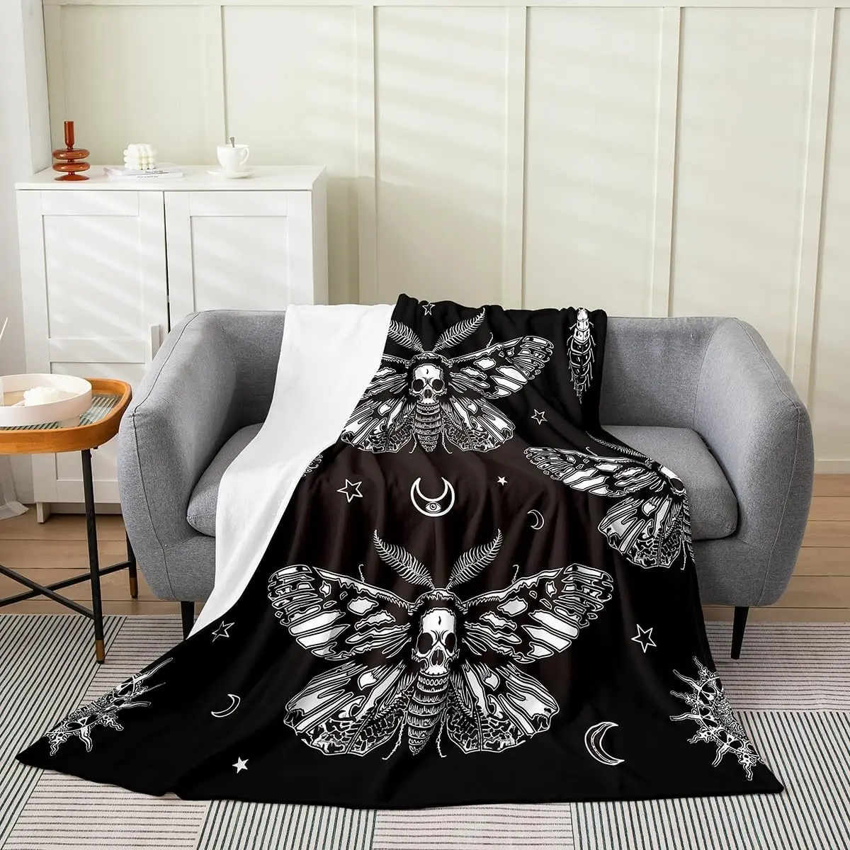 White Line Death Moth Star Moon Crescent Dark Background Flannel Throw Blanket, Warm Cozy Blanket, Mystic Decor Gift For Bedroom