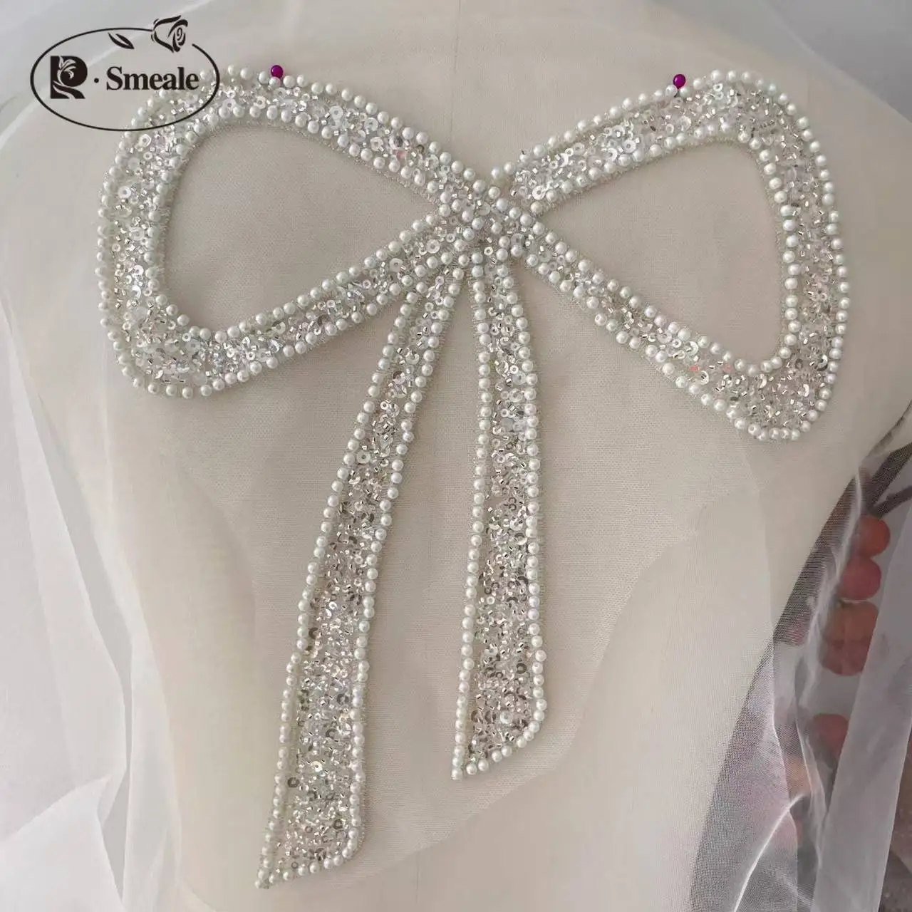 2PCs = 1pair Lovely Pearl bow, big bow Beaded Lace Patch Applique, DIY, Haute Couture, Wedding Dress Accessories, RS24492