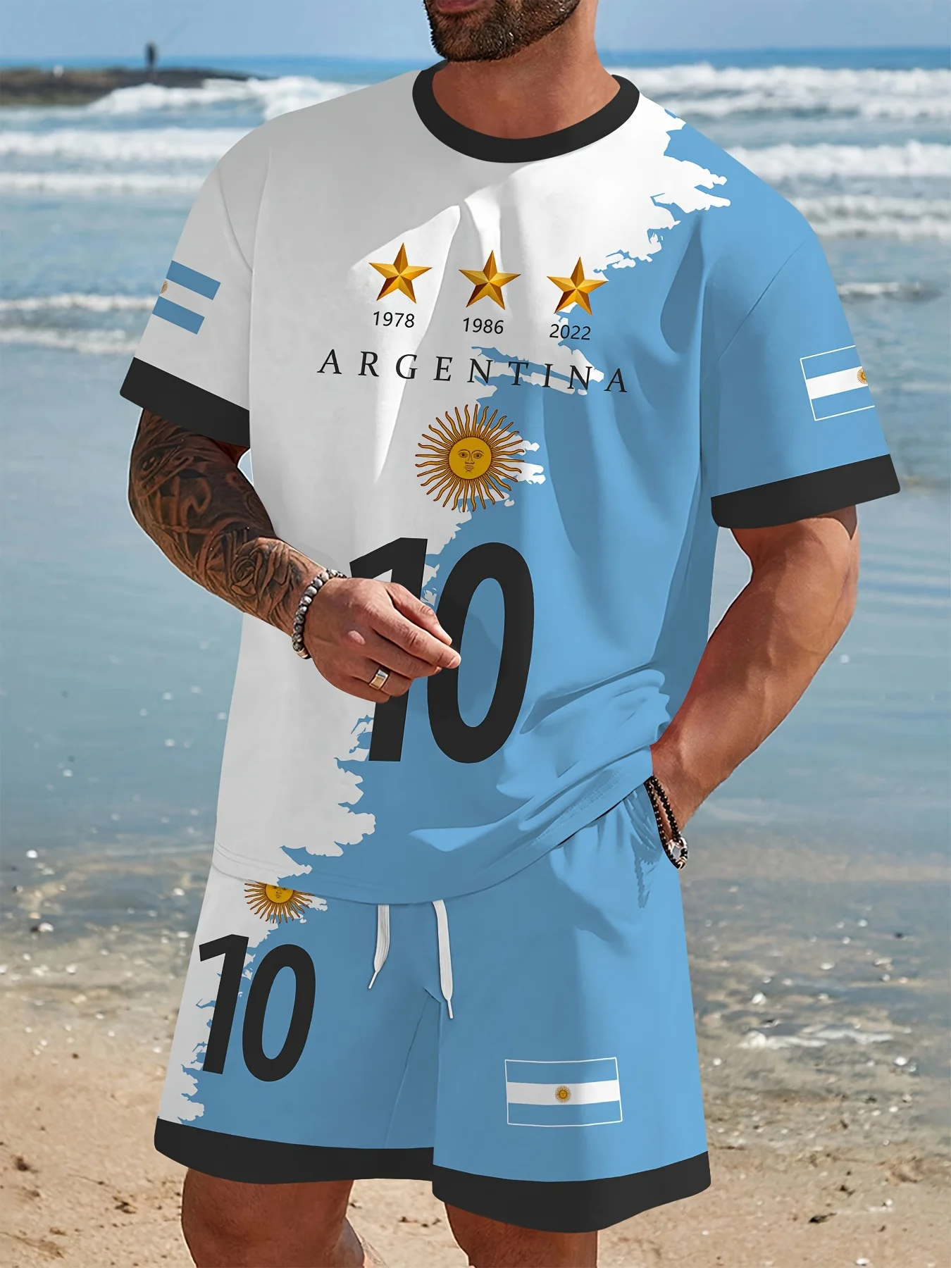 

2025 Summer Argentina Men Two Piece Casual Crew Men Sports Football Shirt Set Men Meet You Set Quick Drying and Breathable