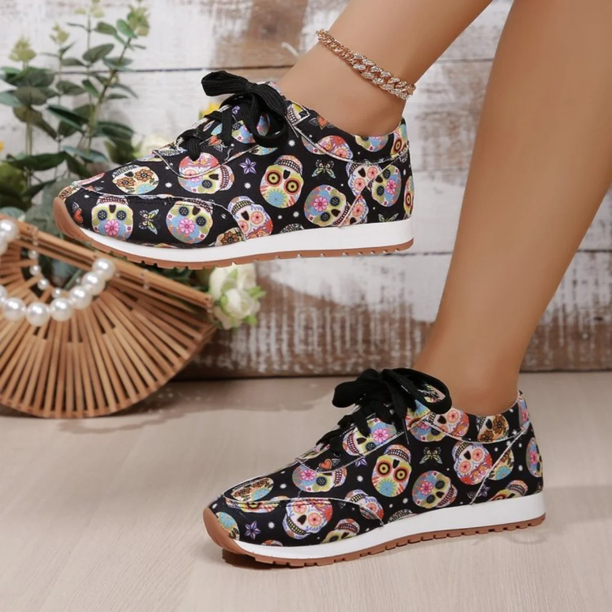 

Women's Flats Sneakers Fashion Skull Printing Slip on Walking Shoes for Women Outdoor Light Ladies Casual Shoe Tennis Female New