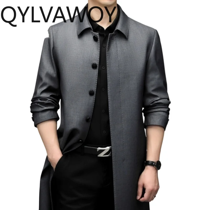 

QYLVAWOY Men's High-End Autumn New Casual Lapel Mid-Length Knee-Length Trench Coat Middle-Aged Men's Spring Outerwear LJ2132