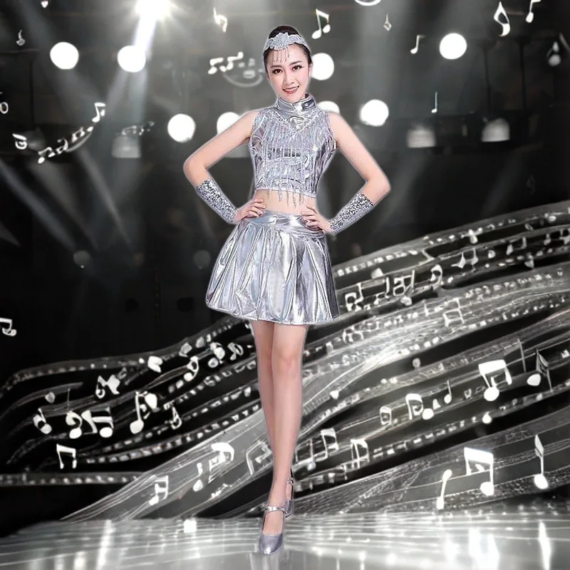 

Full Set Silver Sexy Club Dress Girls Party Disco Suit Cosplay Costume Dance Clothes woman Costume