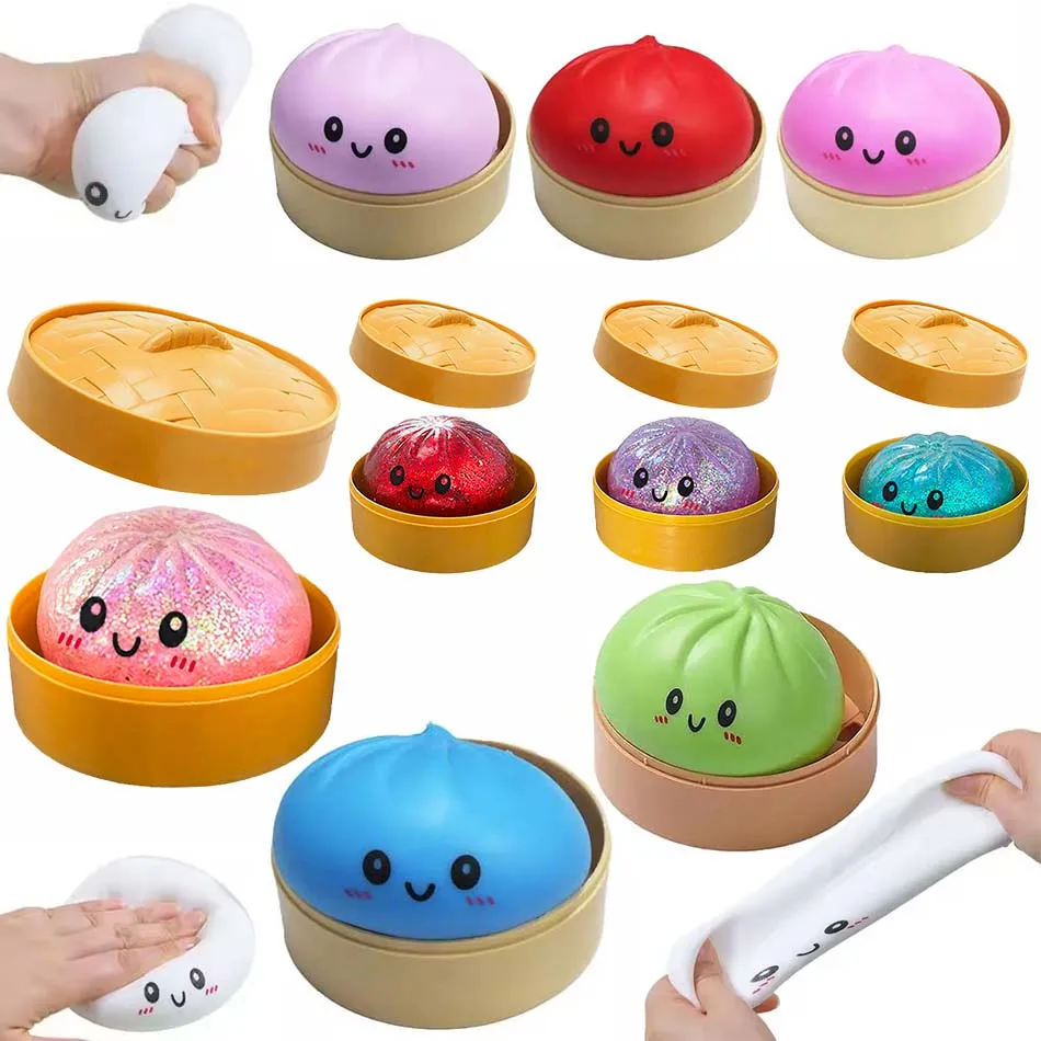 Baozi Squishy-Spielzeug mit Dampfgarer-Box, stressreduzierendes Rebound-Spielzeug, sensorischer Stressball für Erwachsene ﻿