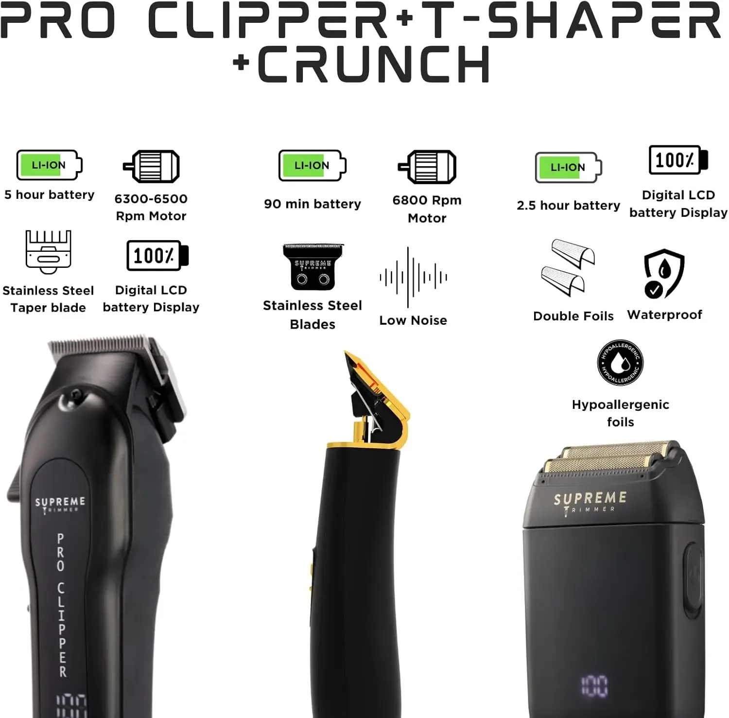 Trimmer 3-in-1 Barber Bundle | Pro Clipper, T-Shaper Trimmer & Crunch Foil Shaver | Professional Beard Trimmer Men’s Hair Clippe