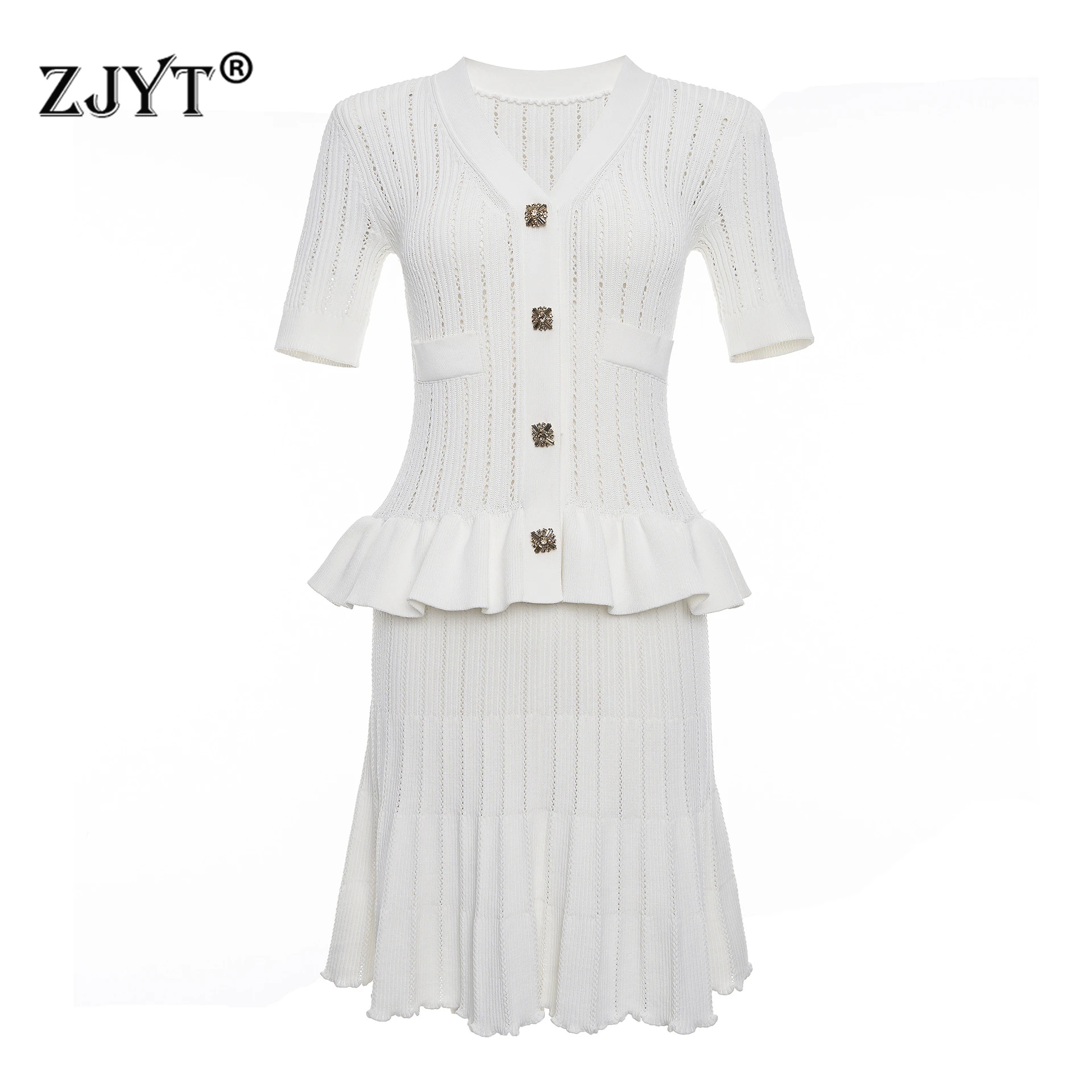 

Летние вязаные платья-свитеры ZJYT для женщин 2026: элегантное короткое вечернее платье с коротким рукавом, V-образным вырезом и оборками, белое, черное (Vestidos)