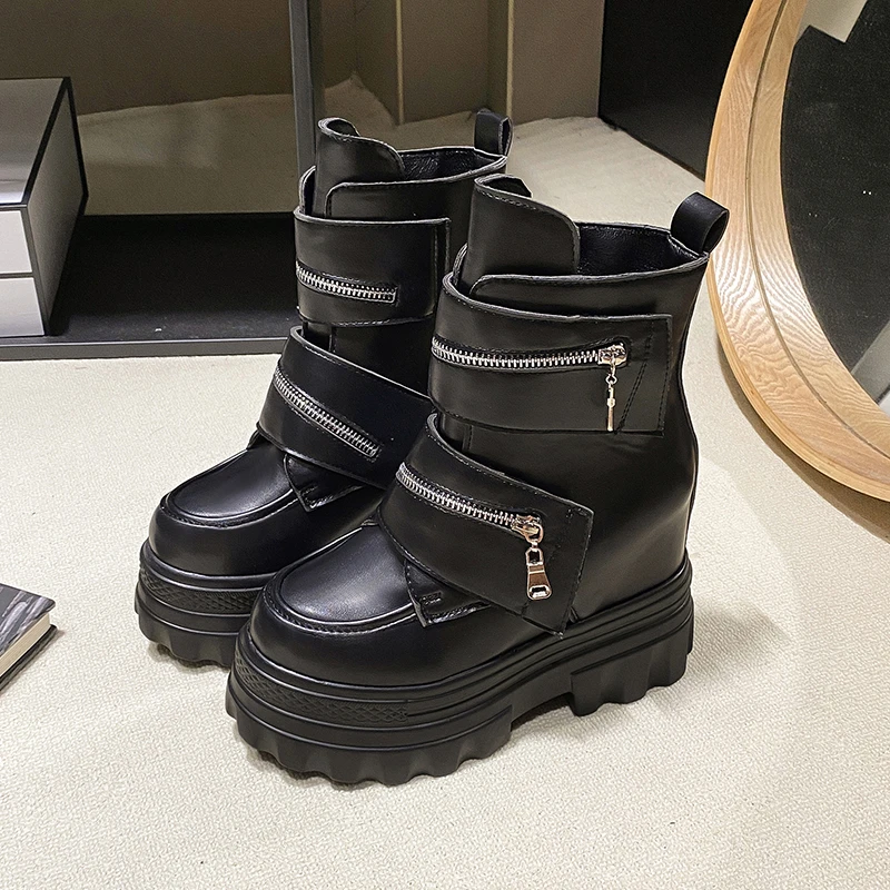 

Women's Leather Punk Ankle Boots New 2025 Autumn Winter High Platform 11CM Heels Chunky Motorcycle Boots for Women Booties Mujer