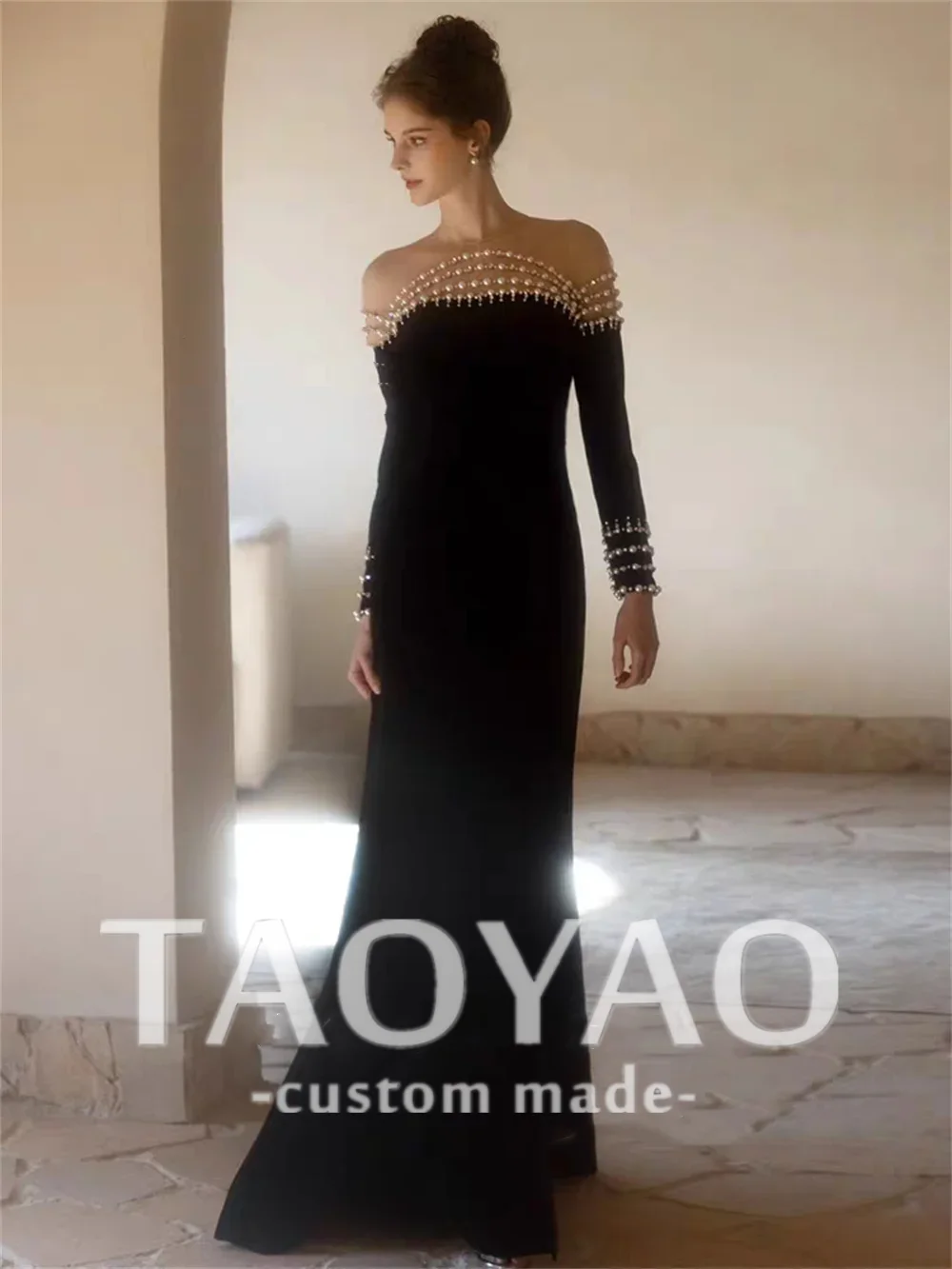 Elegant Black Evening Dresses O-Neck Ankle-Length Long Sleeves Wedding Party Dresses Beading Pearls Satin High Slit Prom Gowns