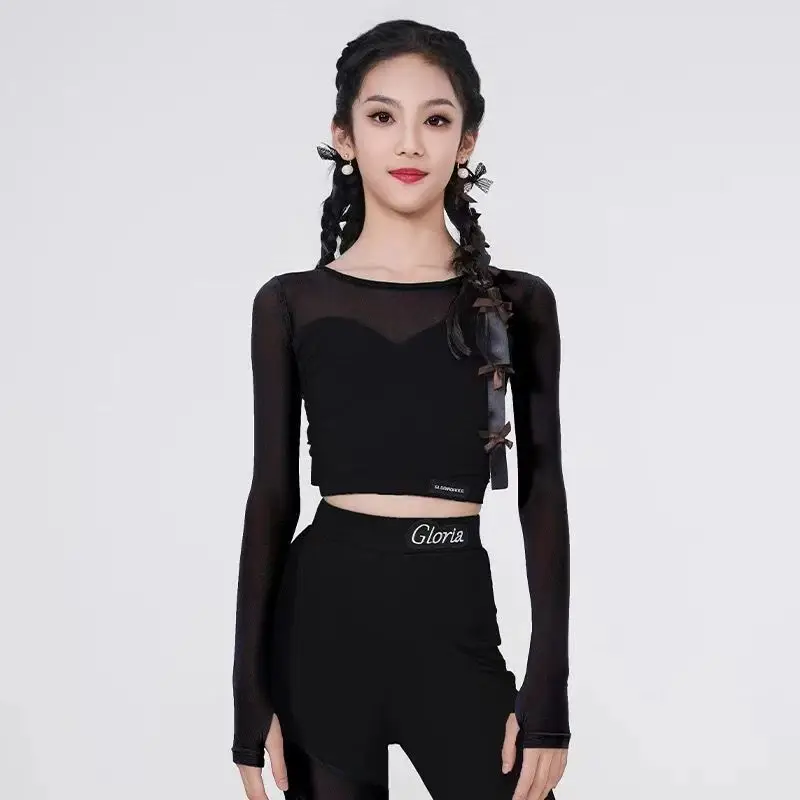 Children's Latin Dance Costume Girls' Long-sleeved Split Suit Mesh Top Flared Pants New
