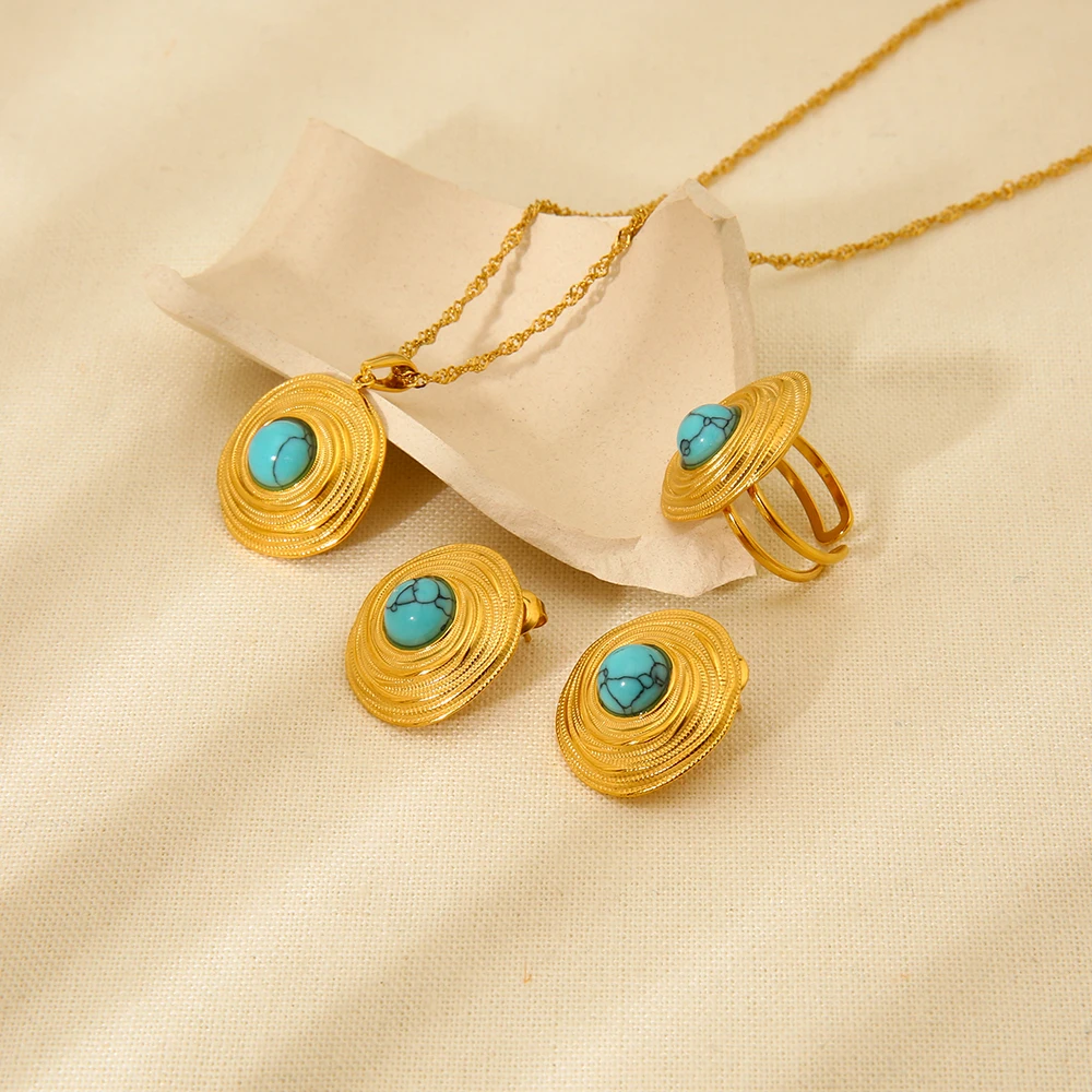 Fashion 18K Gold Plated Earring Stainless Steel Simulated Turquoise Stone Open Rings Necklace Earring for Women Party Gift