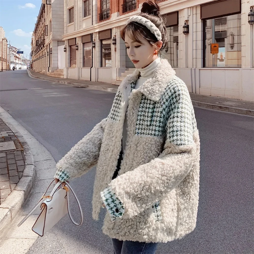 Gridded Imitation Lamb Wool Jacket Women Autumn Winter 2023 New Cotton Warm Fleece Coats