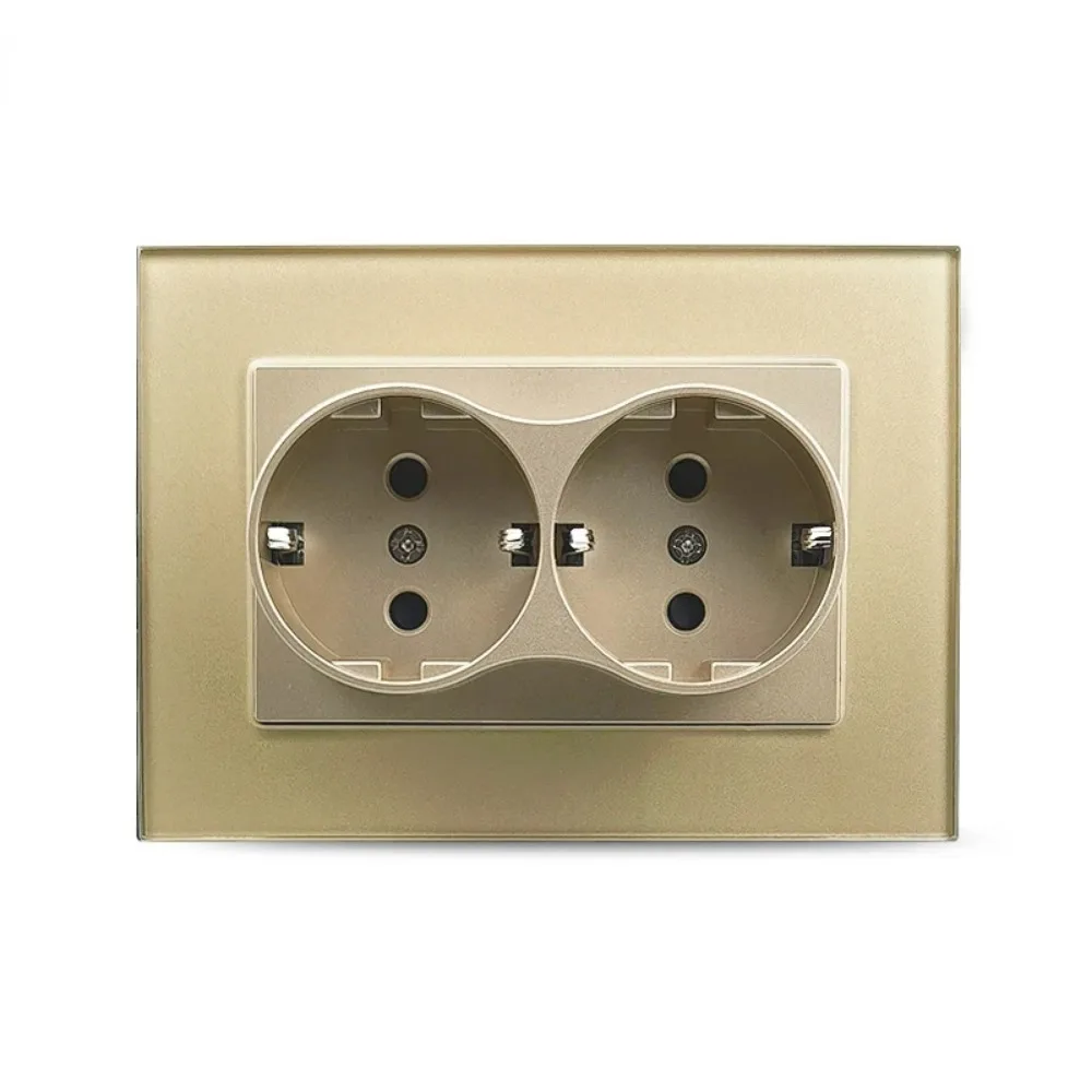 Wall Double Socets Upright Crystal Glass Panel EU Germany AC Power Points Plug Outlets 110-250V Netherlands Europe Home Office