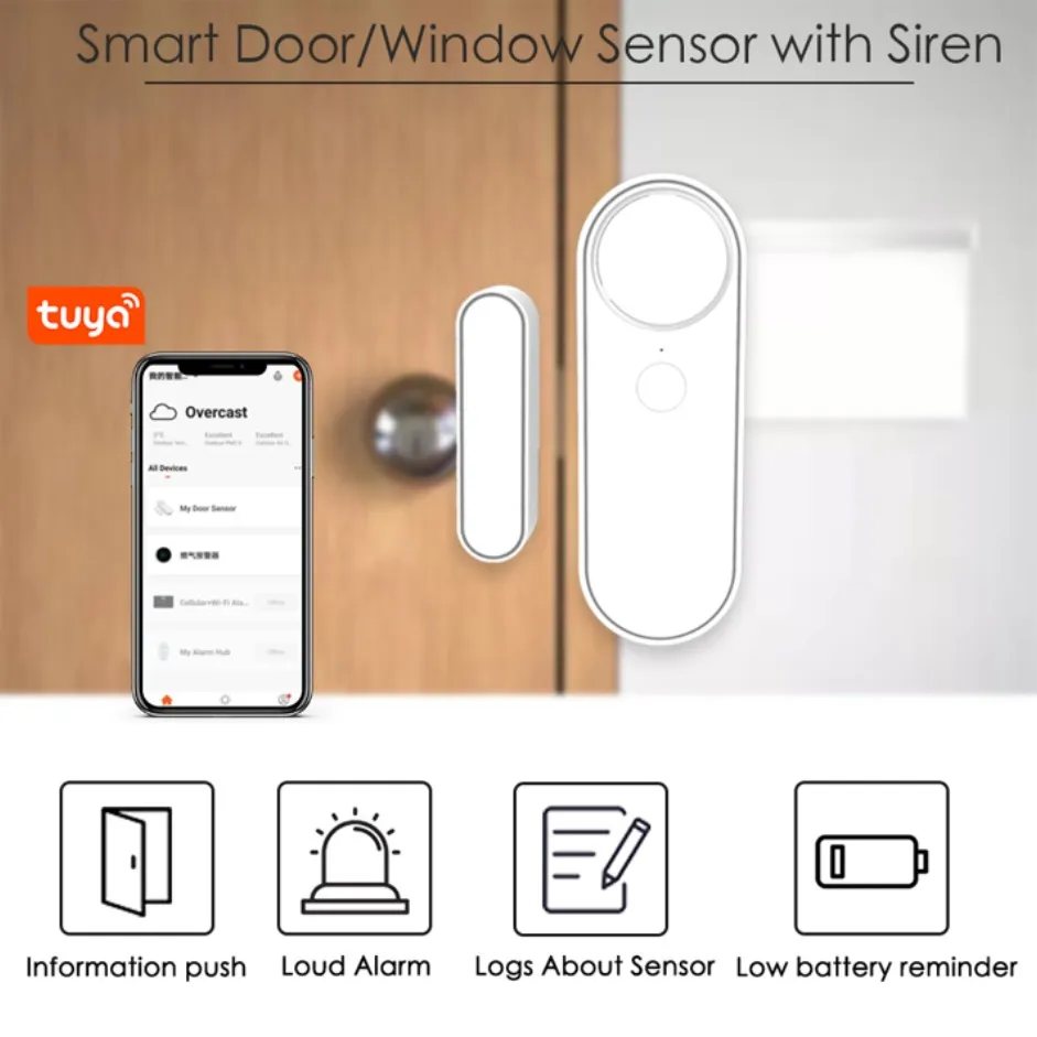 Sensor de Puerta y Ventana Wi-Fi de Tuya, Detector de Puerta Inalámbrico para Hogar Inteligente, Alarma Antirrobo Remota Controlada por la APP Smart Life