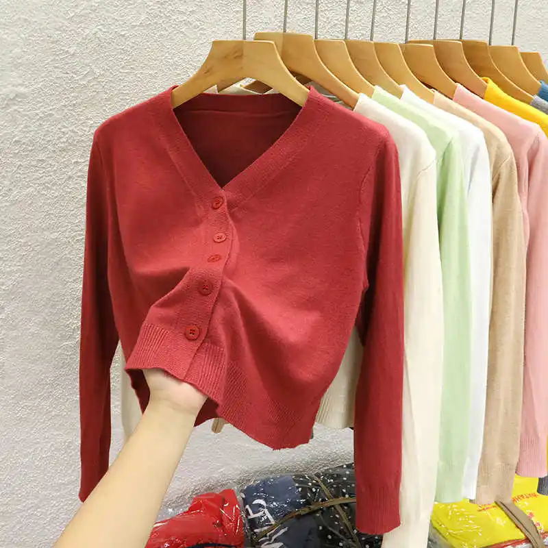 Pull tricoté femmes Cardigans nouveau à manches longues col rond blanc tricot pull Cardigan haut pour femme tricots Sueters De Mujer Q968