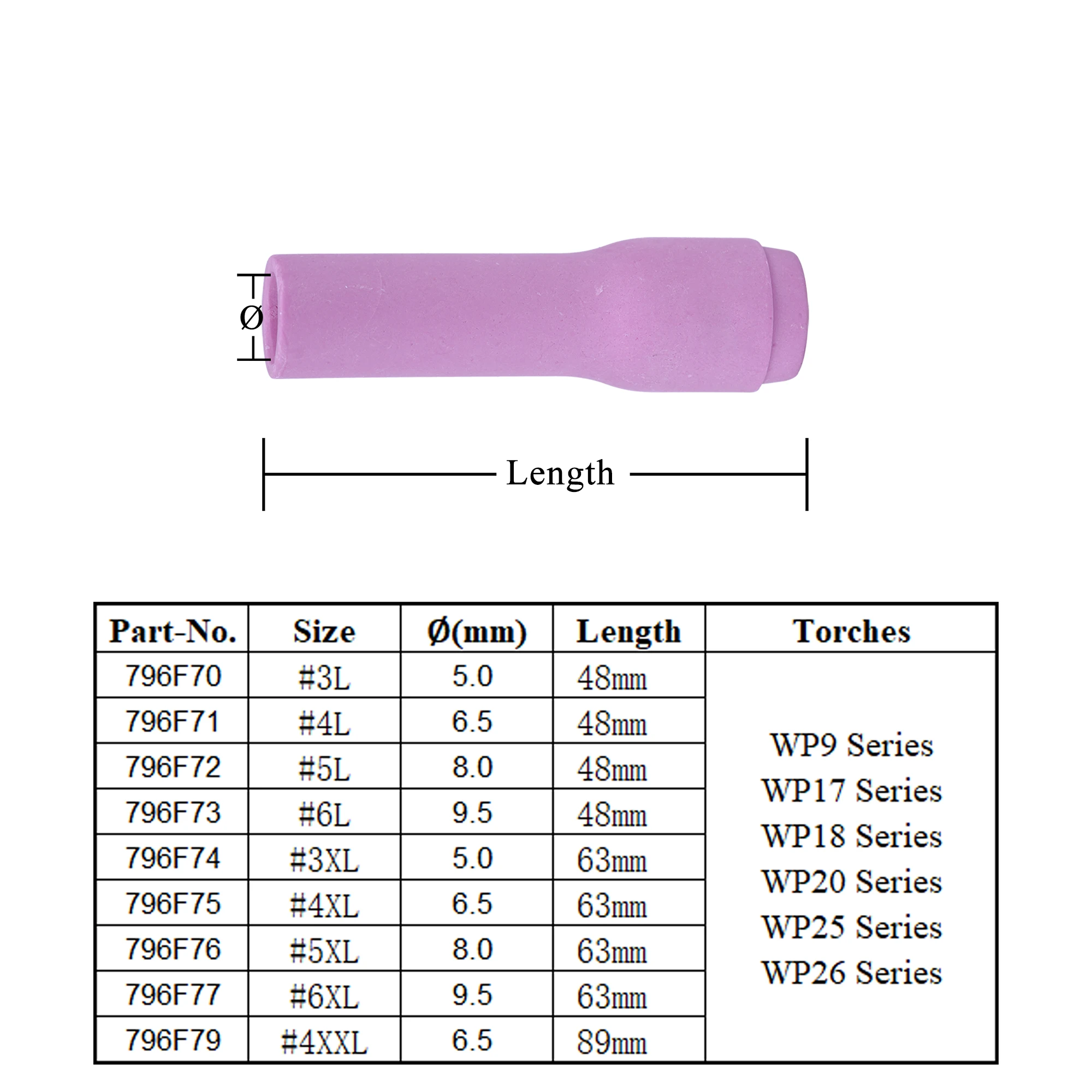 10Pcs 48/63/89mm 796F70 796F71 796F72 796F73 796F74 796F75 796F76 796F77 796F79 Alumina Nozzles For TIG WP9/17/18/20/26