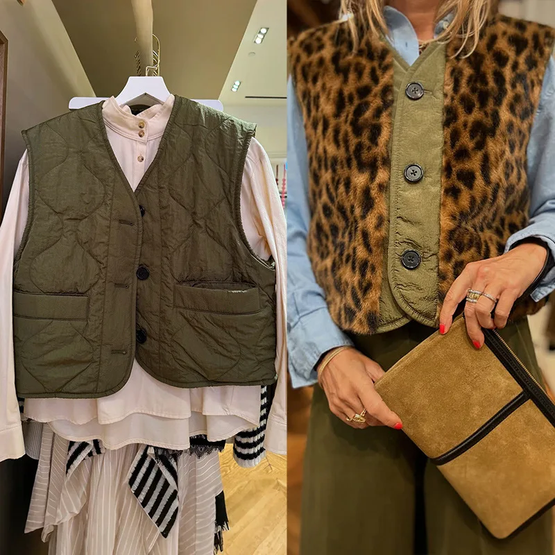 

【Gift Free】2025 Autumn Winter French Niche Reversible V-Neck Button Leopard Faux Fur Vest Women Loose Warm Trendy Outerwear