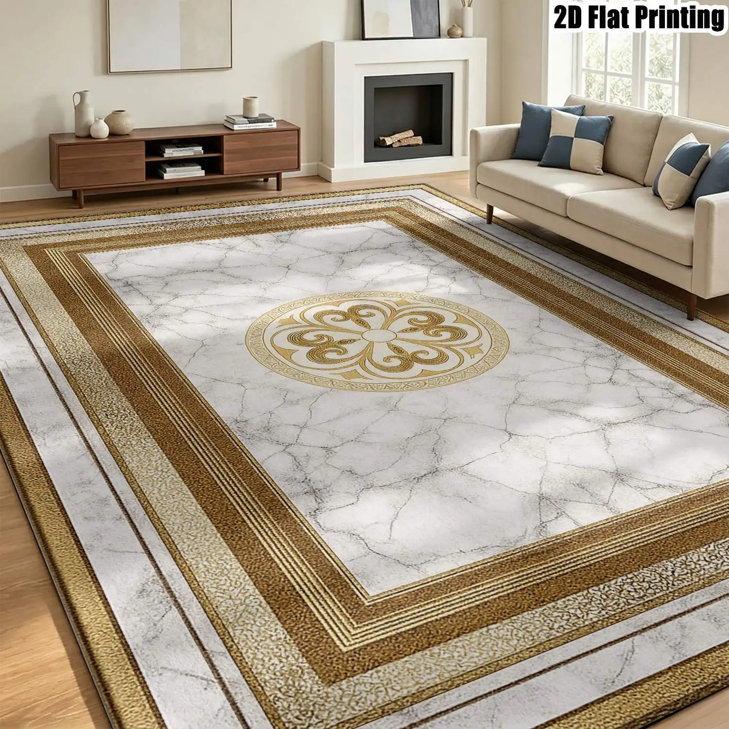 1Pc 2D Printed Gold Geometric Floral Carpets: Vintage, European-Style, Modern Minimalist Options Multi-Size, Machine Washable, Ideal for Door Mats, Dining, Foyer, Bedroom & Living Room Home Decor.
